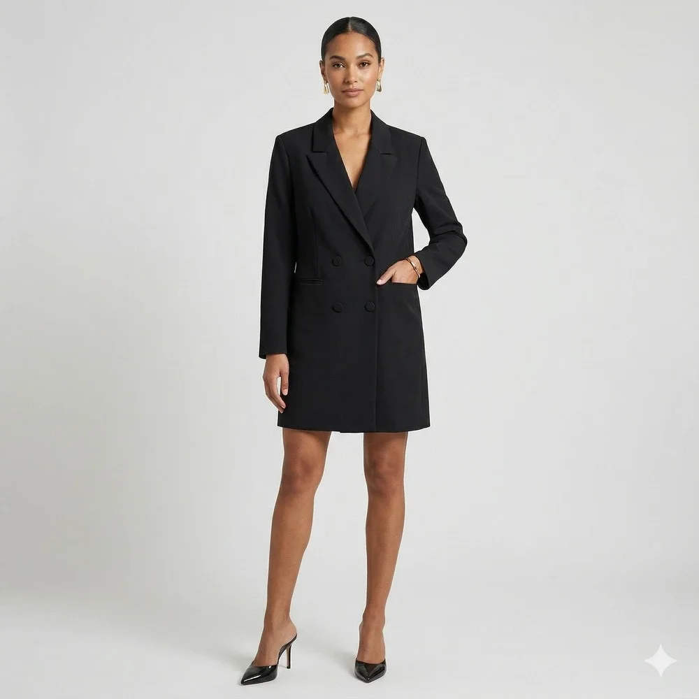 7‎ For All Mankind Double Breasted Power Blazer Dress Longline L Padded Shoulder